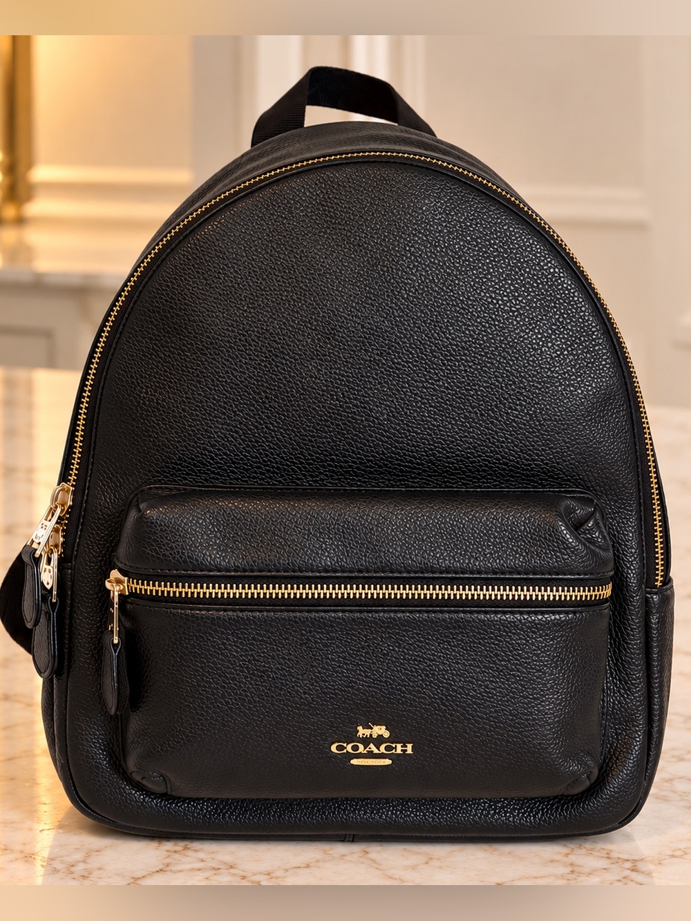 Coach Backpack Black.Charlie Medium Pebbled Leather Gold Hardware F30550